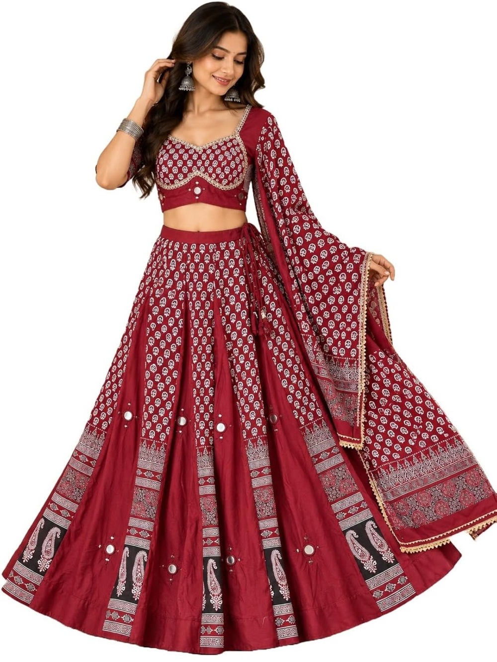 Maroon Printed Lehenga Set with Mirror Details